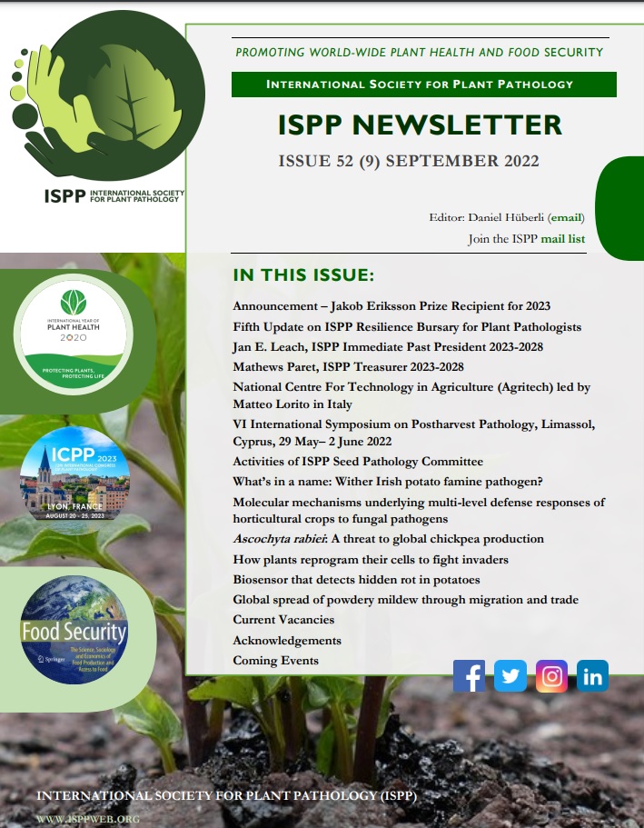 Strona tytułowa Newslettera ISPP. Spis treści w języku angielskim, na tle zdjęcia roślin rosnących w polu.