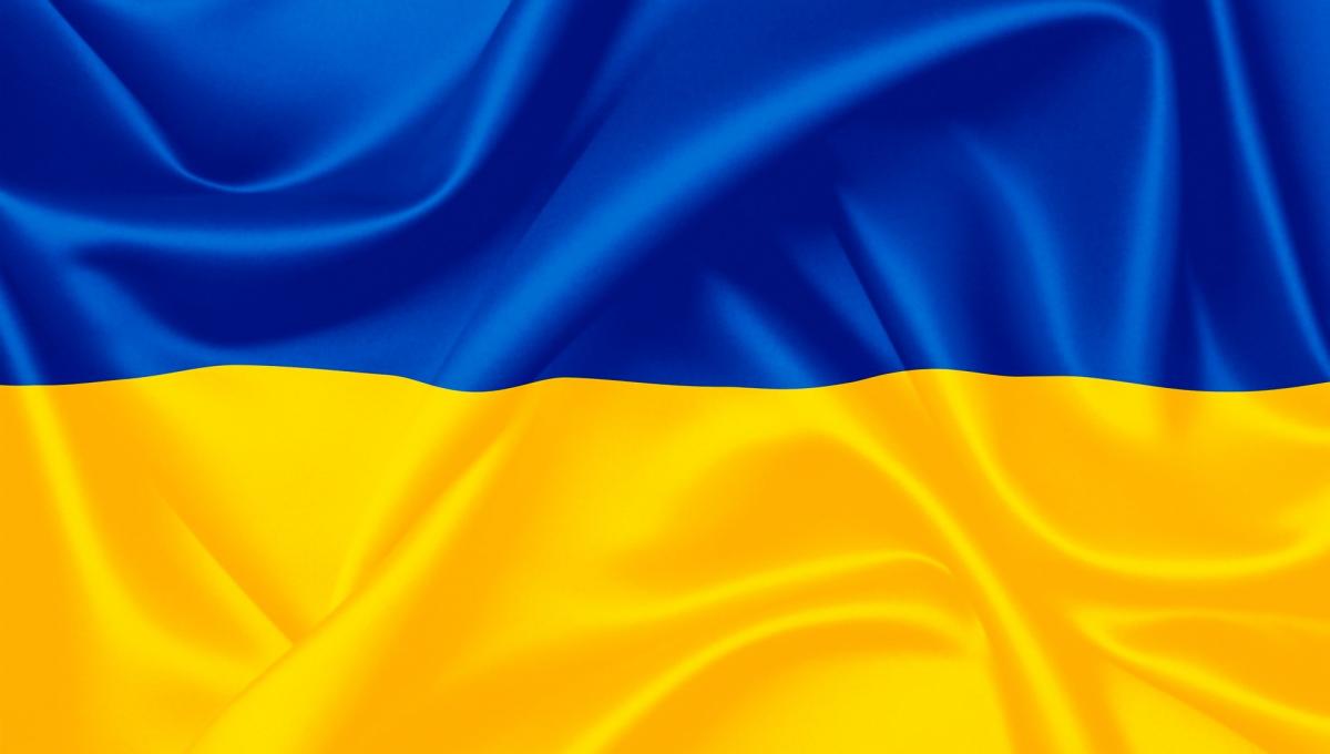 Flag of Ukraine. Upper half dark blue, lower half yellow.