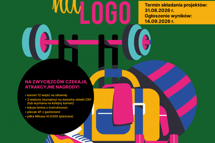 Zdjęcie przedstawia plakat konkursowy. Na zielonym tle kolorowe atrybuty sportowe: sztanga, but, torba, ręcznik itp. 