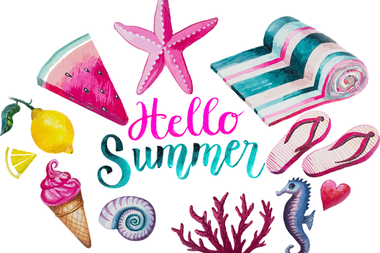 Zdjęcie przedstawia przedmioty związane z wakacjami: rozgwiazda, cząstka arbuza, cytryna, lody, muszelka, koralowiec, konik morski, serce, klapki, ręcznik. Na środku napis różowo-seledynowy "Hello Summer".