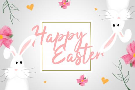 Zdjęcie przedstawia różowy napis Happy Easter, w rogach dwa białe zające, pomarańczowe serca, różowe kwiaty na szarym tle.