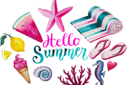 Zdjęcie przedstawia przedmioty związane z wakacjami: rozgwiazda, cząstka arbuza, cytryna, lody, muszelka, koralowiec, konik morski, serce, klapki, ręcznik. Na środku napis różowo-seledynowy "Hello Summer".