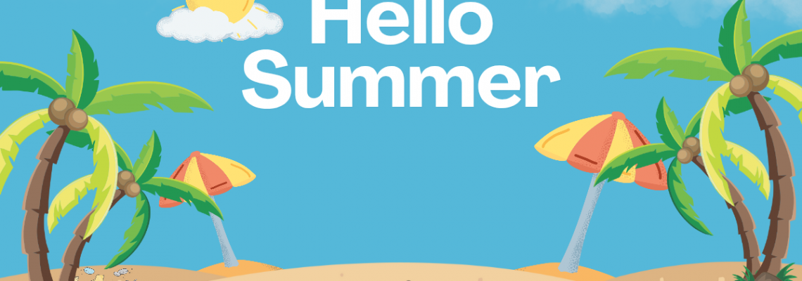 Zdjęcie przedstawia niebo ze słońcem oraz plażę z palmami i parasolami. Na środku znajduje się napis Hello Summer